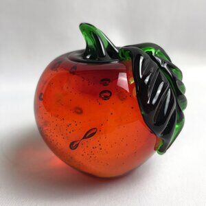 Hand-Blown Red Glass Apple Paperweight Green Stem Vintage Fruit Sculpture 3”